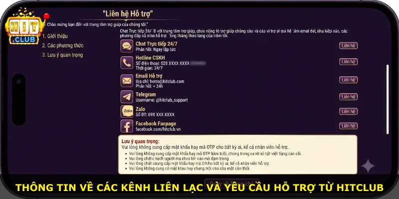Thông tin về các kênh liên lạc và yêu cầu hỗ trợ từ Hitclub